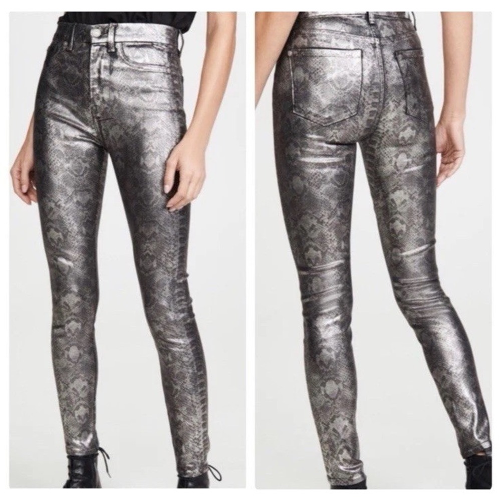 7 for All Mankind Python Snake High Waist Ankle Skinny Jeans Metallic Silver 29
